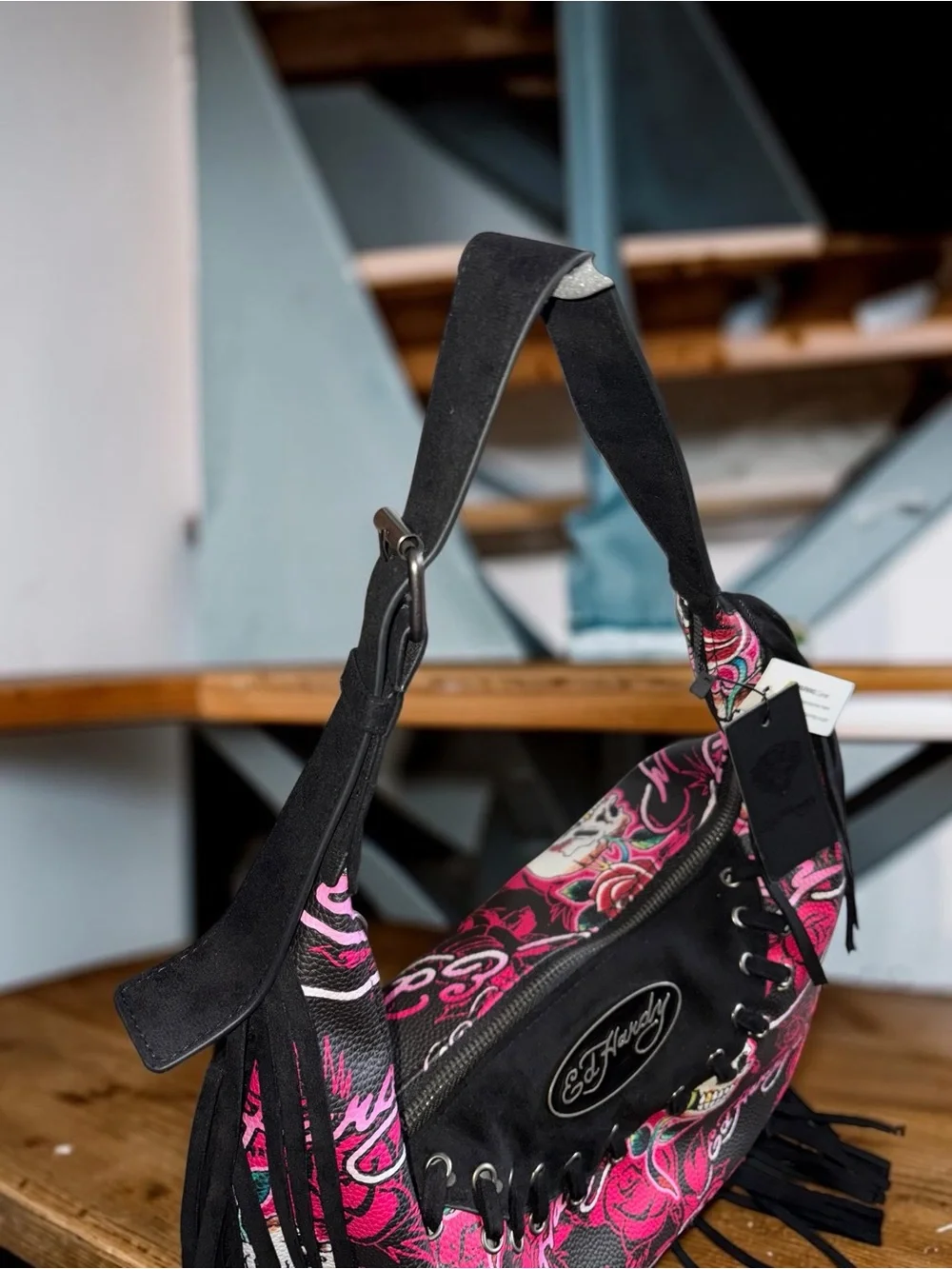 Ed Hardy Pink & Black Skull Rose Tattoo Fringe Hobo Shoulder Bag